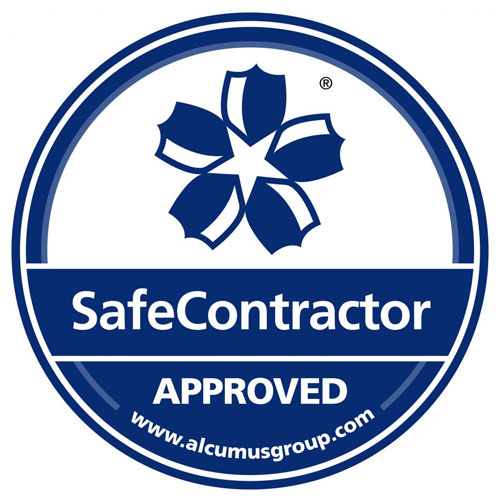 SafeContractor approved logo featuring a blue flower design representing safety and compliance in the contracting industry with a focus on standards and certification for six key areas of quality