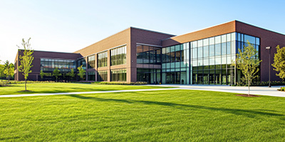 landscaped rooftop garden with pathway surrounded by green plants and distant city skyline including ten varieties of foliage